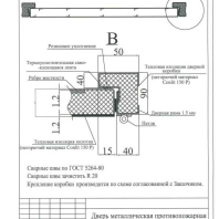 Чертеж одностворчатой противопожарной металлической двери в разрезе