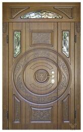 Дверь с фрамугой полуторная входная со стеклянной вставкой и ковкой ДВ-603