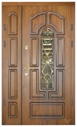 Металлическая двойная дверь со стеклом кованая элитная уличная ДВ-604