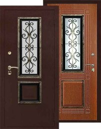 Входная одностворчатая дверь со стеклом и элементами ковки недорогая ДВ-155
