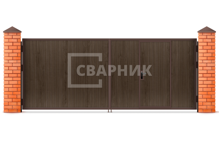 Ворота деревянные распашные с калиткой 2000×2000 СВВ-6653 — фото 1